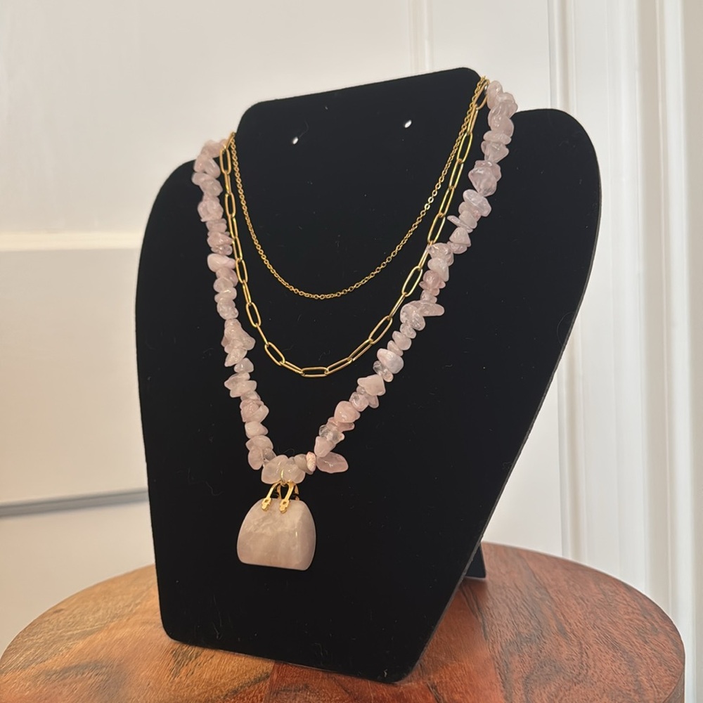 Layered Rose Quartz 3 pc Necklace Stack - Picture 3 of 4